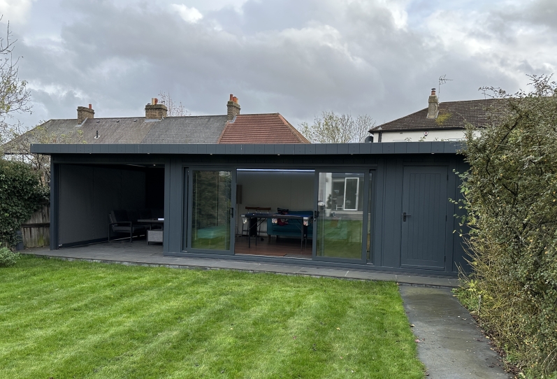 Combination, store, room and side canopy with sliding doors and electric canopy blind  in London