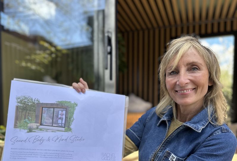 Rachel Goozee with concept drawing fro garden design with Bakers