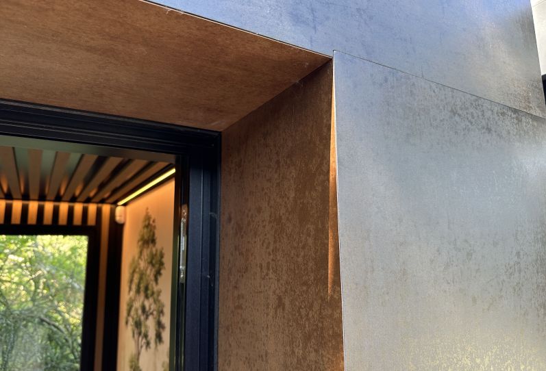 London Stone Dark steel and Corten steel  porcelain  design clad tile, mitered  joints