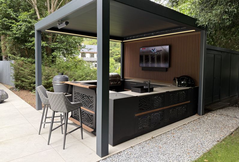 Grillo Outdoor Kitchen with Caribbean Blinds Pergola in Berkshire