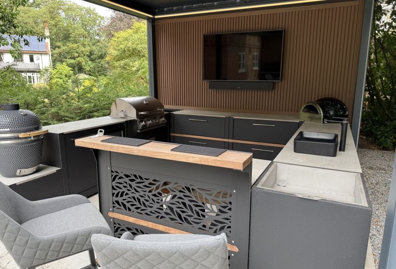 Grillo Outdoor Kitchen with Caribbean Blinds Pergola in Berkshire