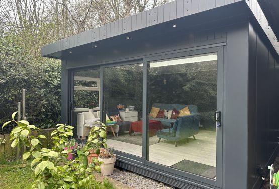 Bespoke Family Entertainment Room, Tri-Sliding Doors, Roof Light, Elfin Kitchen & Toilet - London
