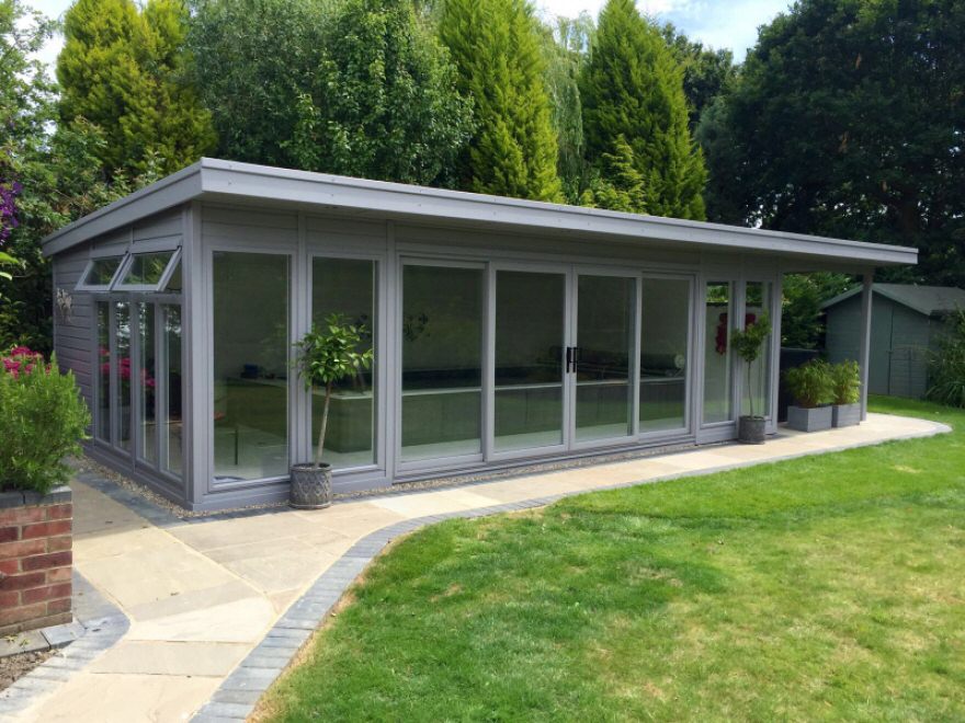 7,5m x 4,2m Endless pool room with colour matching UPVC sliding doors