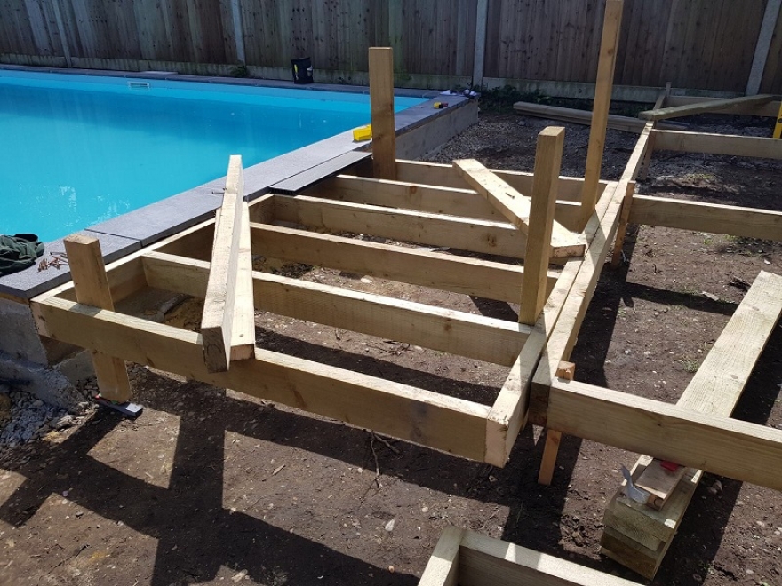 constructing the timber frame for the decking area