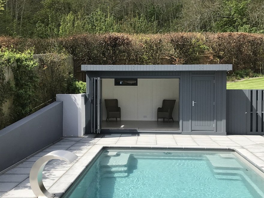 This contemporary pool side room sits neatly in our Sussex based clients garden