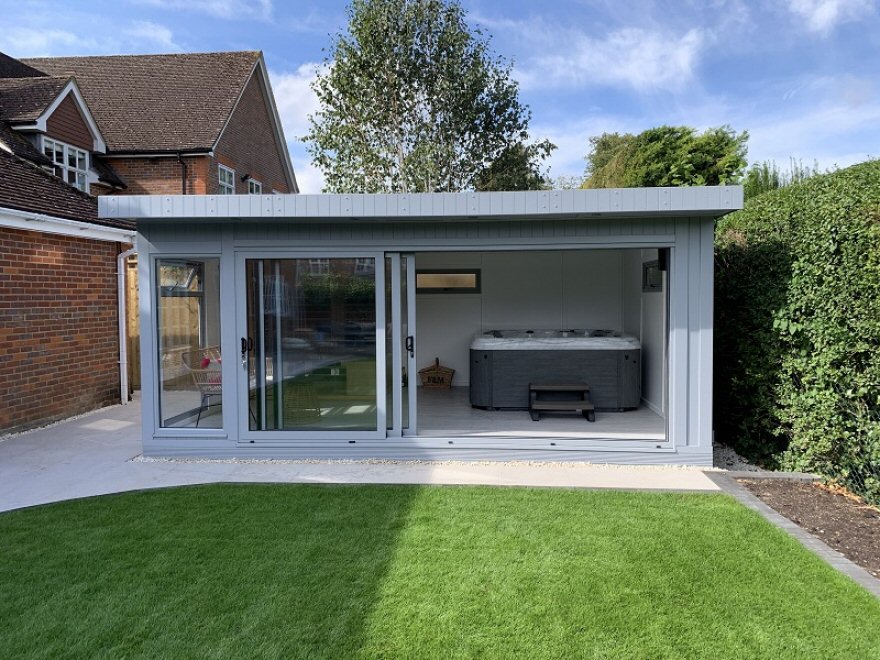 Contemporary Pent Garden Room 5.45m x 4m, with tri-sliding doors for hot-tub access
