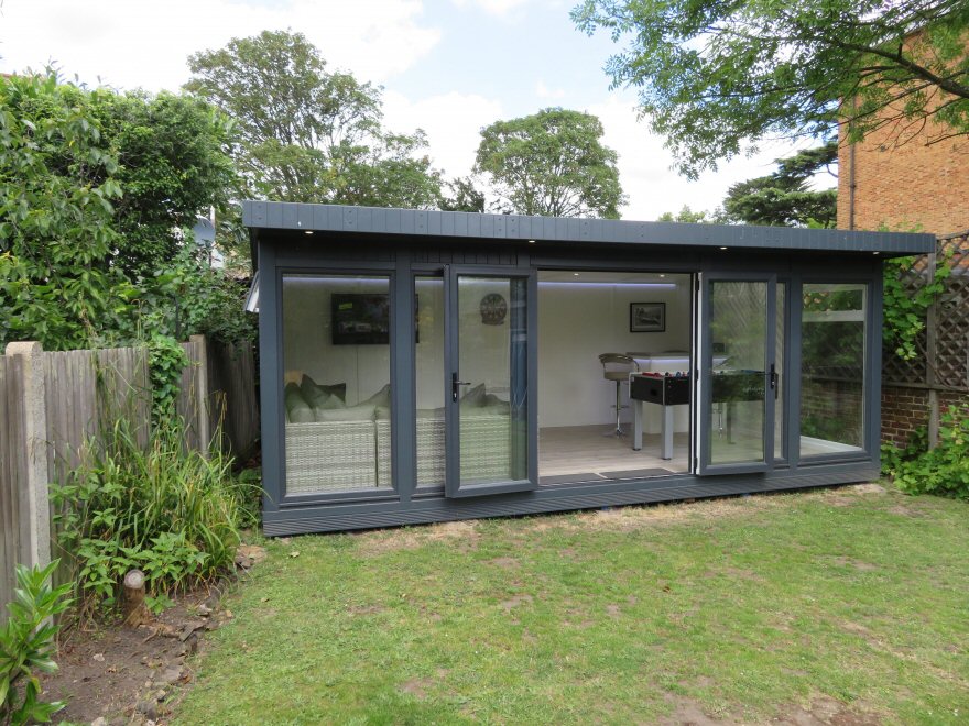 Garden Games room Complete with Table Football, Darts and a Bar. UPVC French Doors and Windows in the Popular RAL 7016 Anthracite Grey