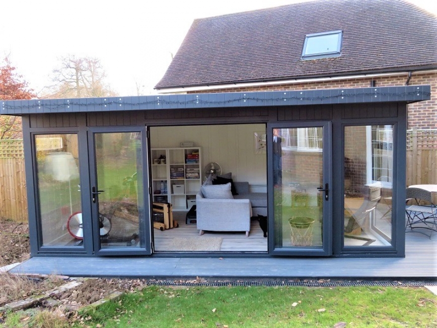 Garden Room / Gym / Lounge with the Popular RAL 7016 UPVC French Doors and Windows Installed in Haywards Heath West Sussex