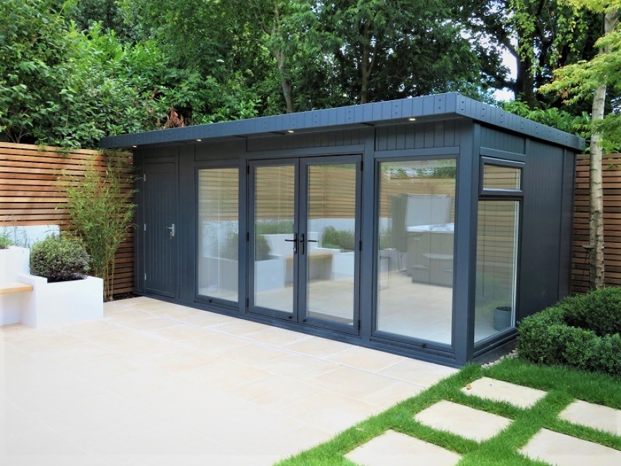 Garden Room in RAL 7016 Anthracite with Matching UPVC Doors and Windows. Storage Area and Changing Room for the Hot Tub Installed in Tunbridge Wells, Kent