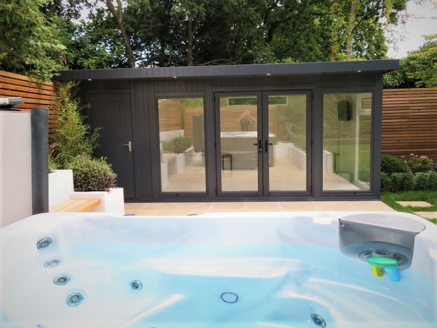 Garden Room in RAL 7016 Anthracite with Matching UPVC Doors and Windows. Storage Area and Changing Room for the Hot Tub Installed in Tunbrdige Wells, Kent