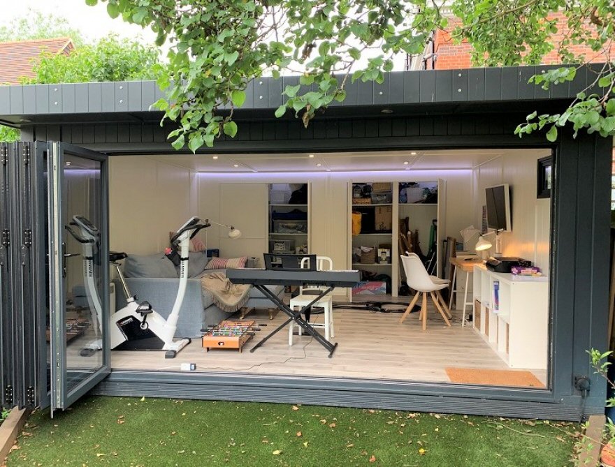 Garden Room with Bi-fold Doors in RAL7016 Anthracite Grey with Integral Storage Installed in London