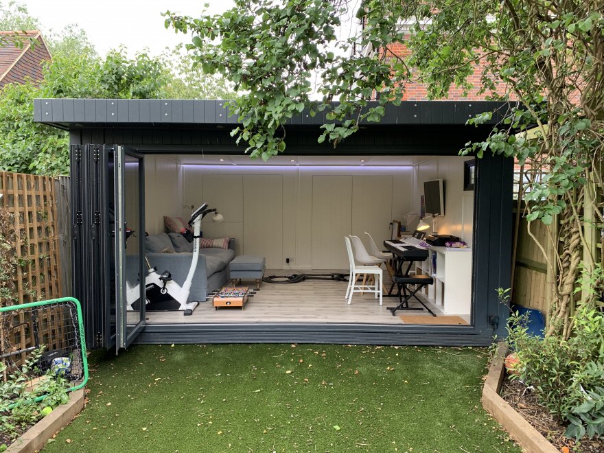 Garden Room with Bi-fold Doors in RAL7016 Anthracite Grey with Integral Storage