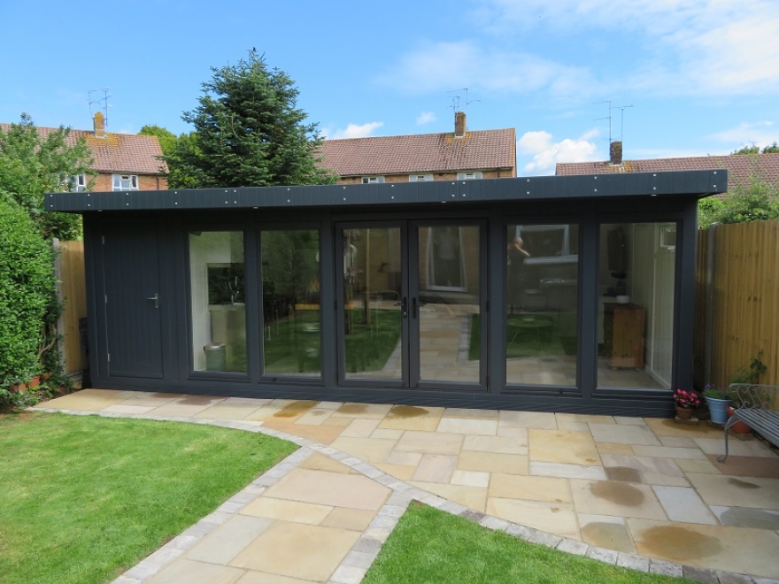Kite - Contemporary Combination Garden Room with RAL 7016 UPVC French Doors and Matching Windows, Complete with Toilet, Shower and Kitchenette Installed in Storrington West Sussex