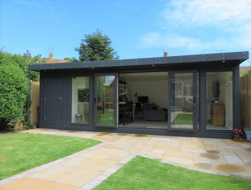 Lovely Combination Garden Room with Matching RAL 7016 Cladding, Doors and Windows. Complete with Toilet, Shower and Kitchenette Installed in Storrington West Sussex