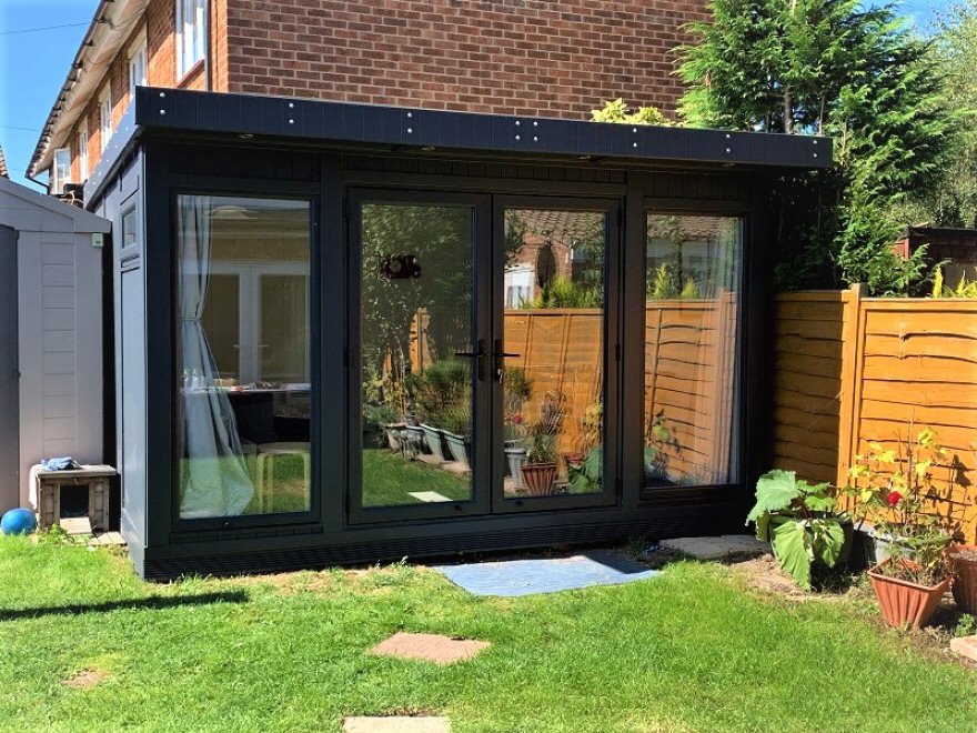 Lovely Compact Garden Room / Games Room with UPVC Doors and Windows in Matching RAL 7016 Anthracite Grey Installed in Crawley West Sussex