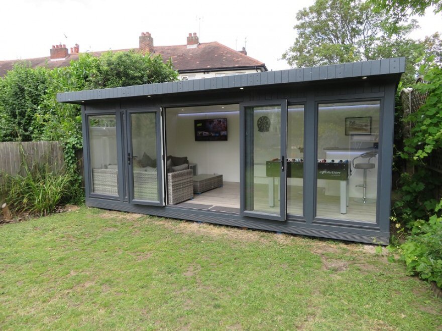 Lovely Garden Room / Lounge / Games Room with UPVC French Doors and Windows in the ever popular RAL 7016 Anthracite Grey Installed in Twickenham, Middlesex