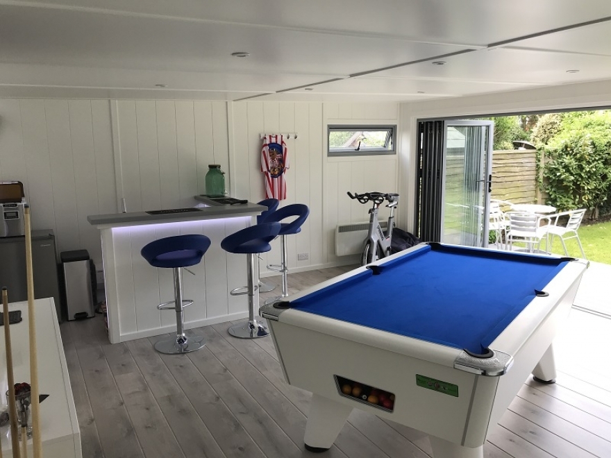 Man Cave with Bar, Pool Table, Darts, Exercise Equipment with Lovely Big Decking to Sit And Relax Installed in Cheam Surrey