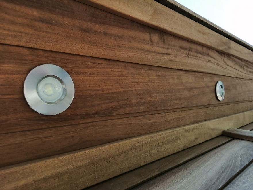Iroko Cladding with LED Downlights on Smart Switch