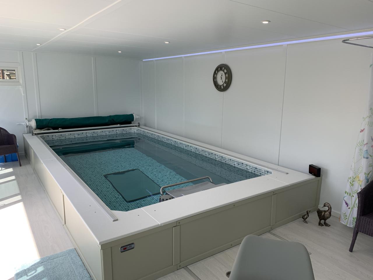 This Endless pool room with side canopy for a Hot-tub offers so much for the user, beautifully finished with some great features throughout. 
In the client's words:
Finding a suitable building to house an Endless Pool had proved very difficult, until we came across Bakers and visited their show buildings at Haywards Heath.
Martin Baker showed us round and explained the pros and cons of all the buildings and options - no hard sell, just a pleasant chat.
We were sold and haven't been disappointed with the resulting build and building.
Lovely people, great product. Highly Recommended