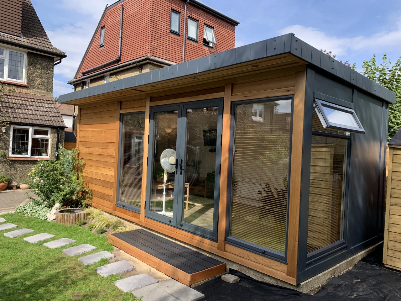 This was the first building delivered by us that used the popular option of cedar cladding. 

They wanted to enjoy the benefits of our modern construction techniques but still want a traditional look for their garden rooms. 
