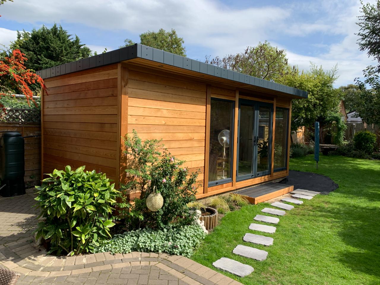 This was the first building delivered by us that used the popular option of cedar cladding. 

They wanted to enjoy the benefits of our modern construction techniques but still want a traditional look for their garden rooms. 
